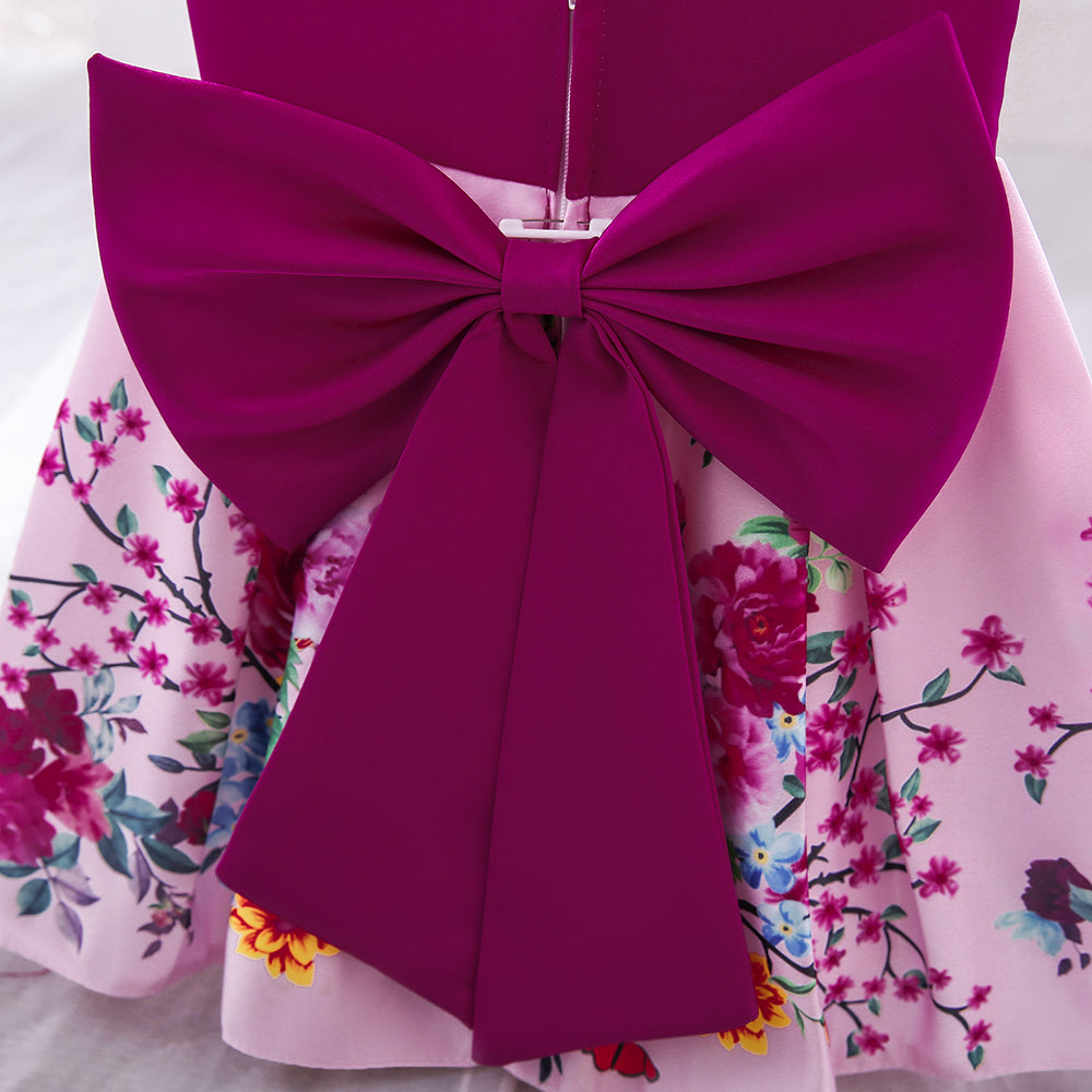 Girls Fuchsia Floral Printed V-Neck Puff Sleeves Party Fit & Flare Midi Dress