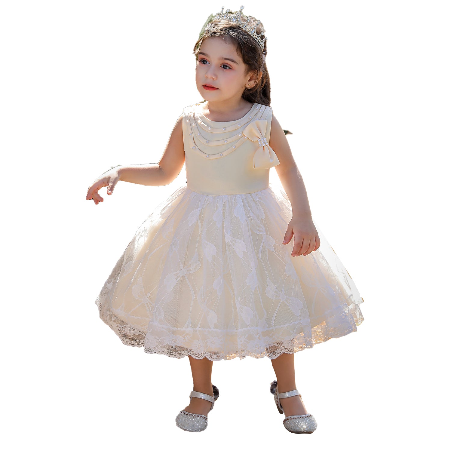 Girls Champagne Sleeveless Pleated Balloon Dress