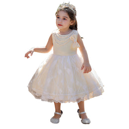 Girls Champagne Sleeveless Pleated Balloon Dress