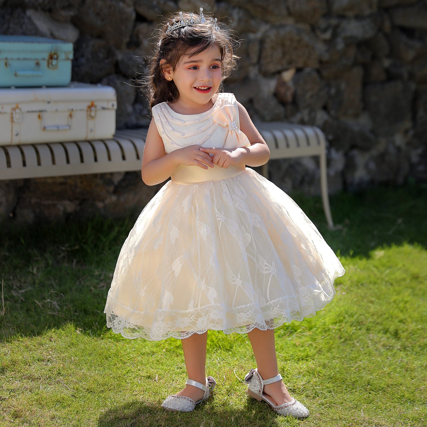 Girls Champagne Sleeveless Pleated Balloon Dress