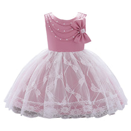 Girls Fuchsia & White Embellished Bow Detail Net Balloon Dress