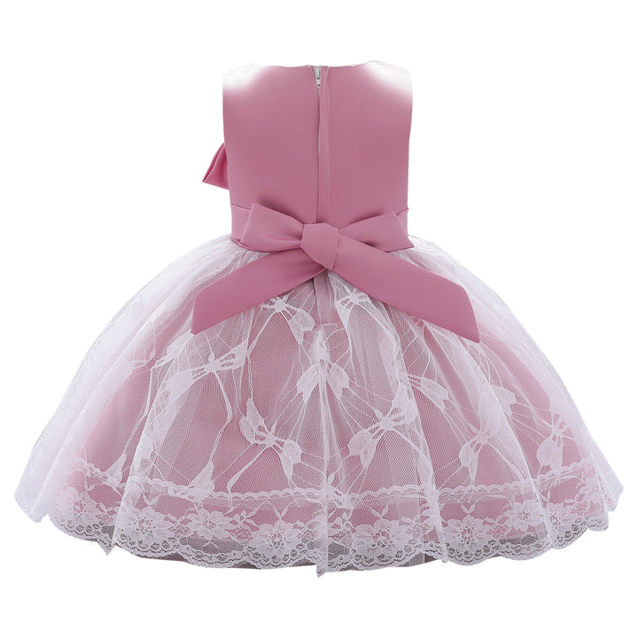 Girls Fuchsia & White Embellished Bow Detail Net Balloon Dress