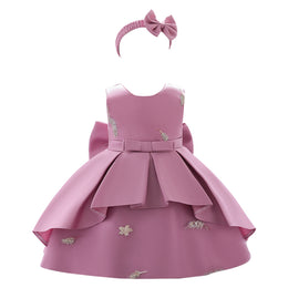 Girls Pink Embellished Bow Gathered Balloon Dress With Headband