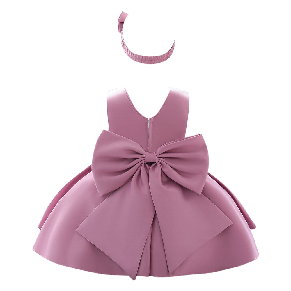 Girls Pink Embellished Bow Gathered Balloon Dress With Headband
