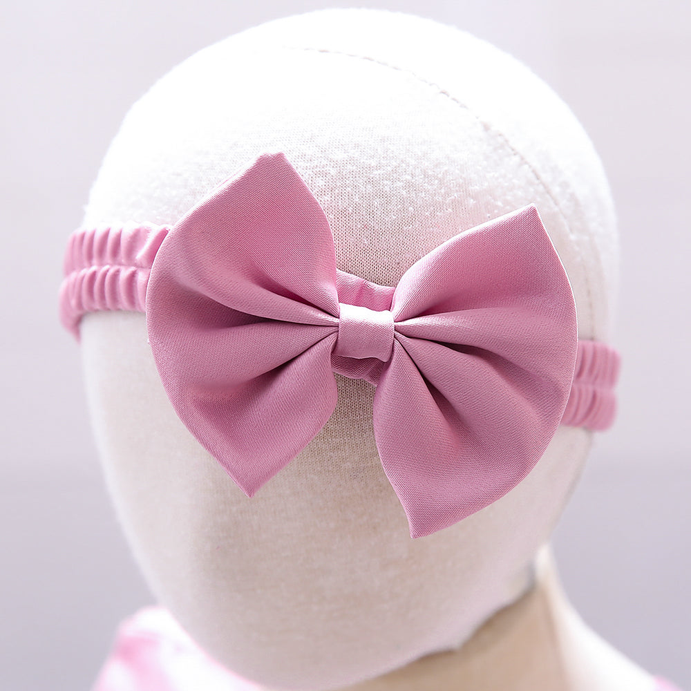 Girls Pink Embellished Bow Gathered Balloon Dress With Headband