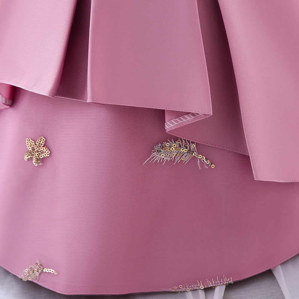 Girls Pink Embellished Bow Gathered Balloon Dress With Headband