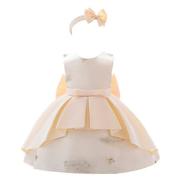 Girls Champagne-Coloured Embellished Pleated Balloon Dress with Hairband