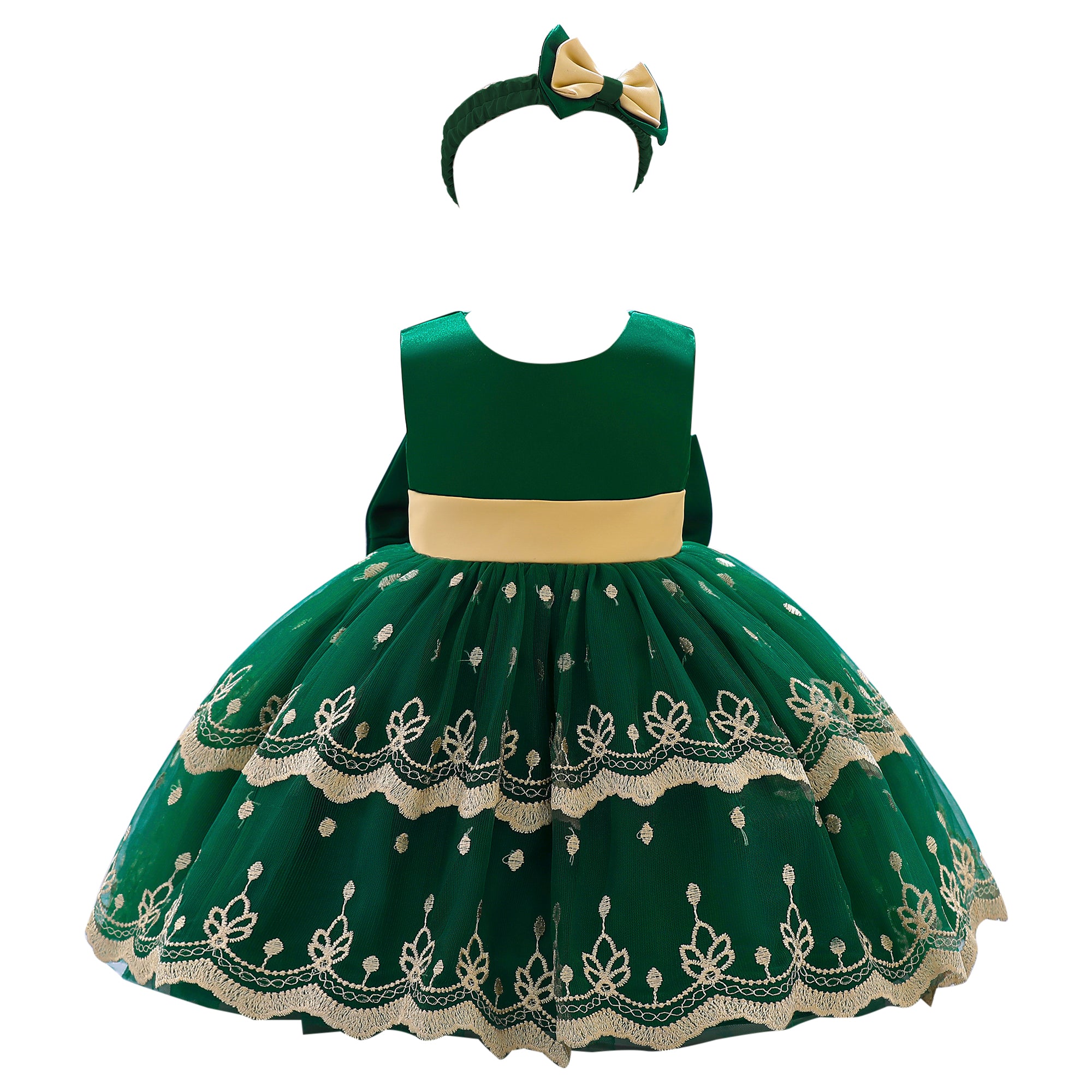 Girls Green Ethnic Motifs Embroidered Bow Fit & Flare Dress With Headband