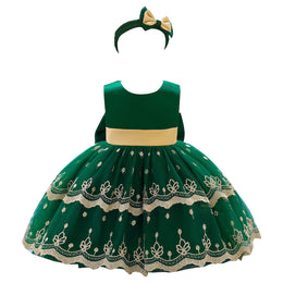 Girls Green Ethnic Motifs Embroidered Bow Fit & Flare Dress With Headband