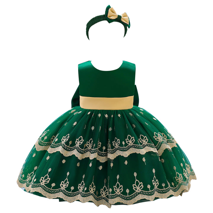 Girls Green Ethnic Motifs Embroidered Bow Fit & Flare Dress With Headband