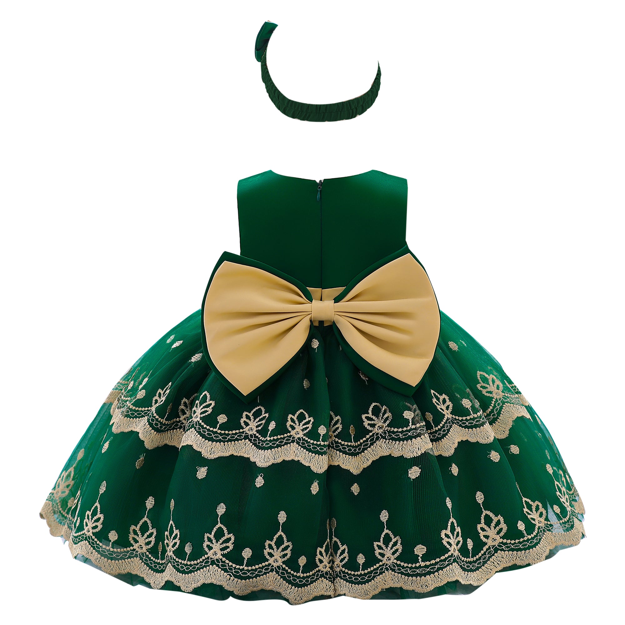 Girls Green Ethnic Motifs Embroidered Bow Fit & Flare Dress With Headband