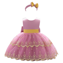 Girls Pink Embroidered Net Fit & Flare Mini Dress