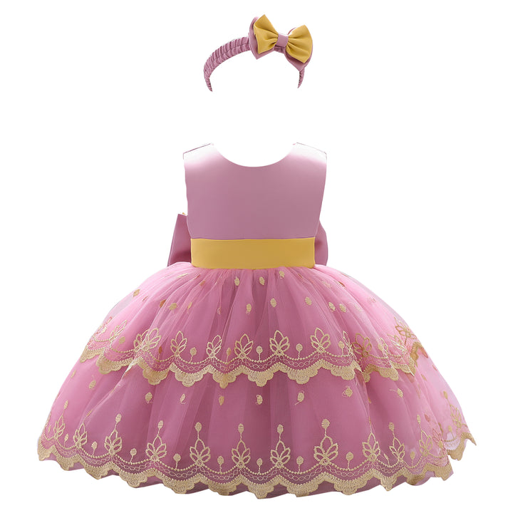 Girls Pink Embroidered Net Fit & Flare Mini Dress