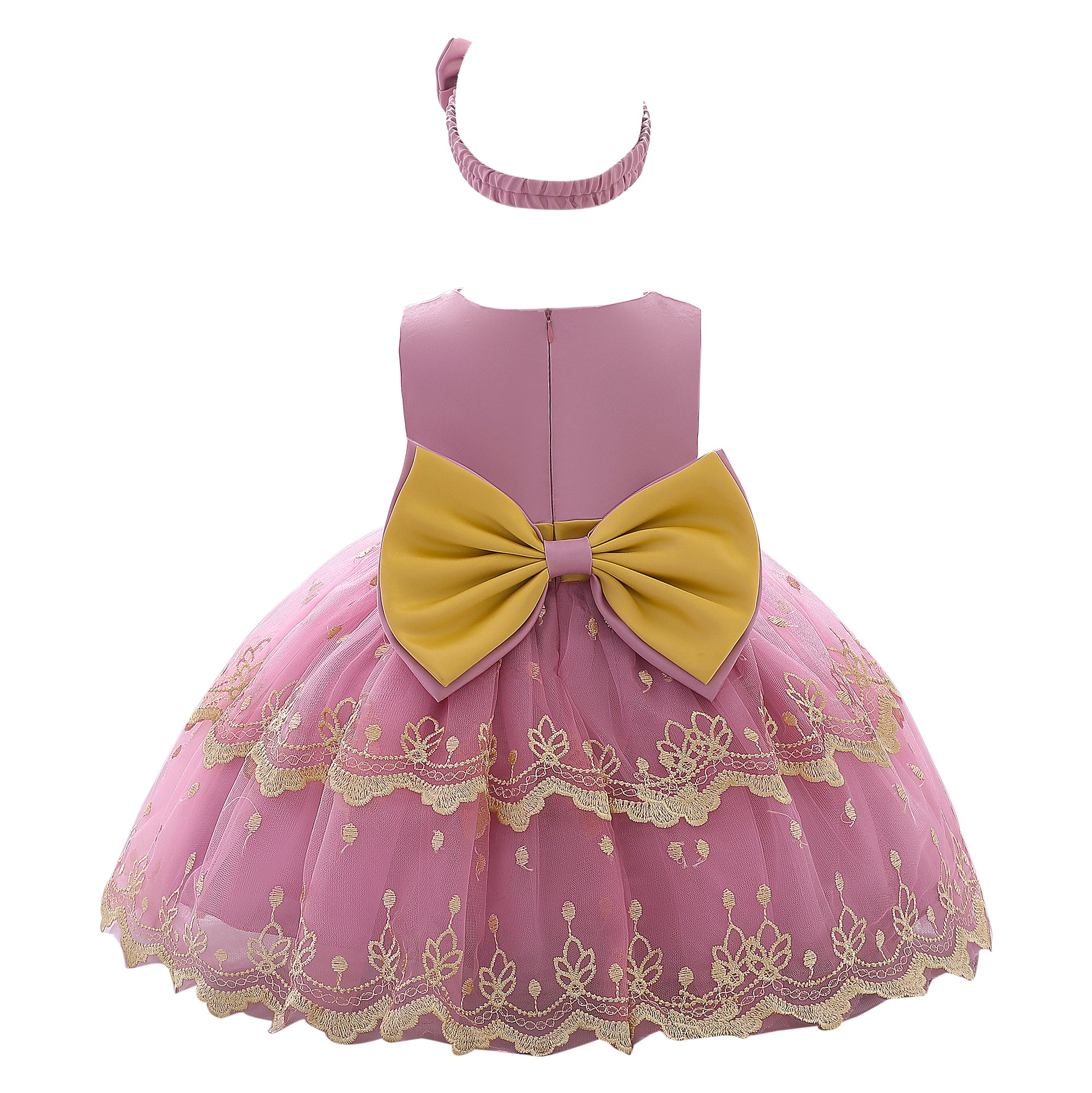 Girls Pink Embroidered Net Fit & Flare Mini Dress
