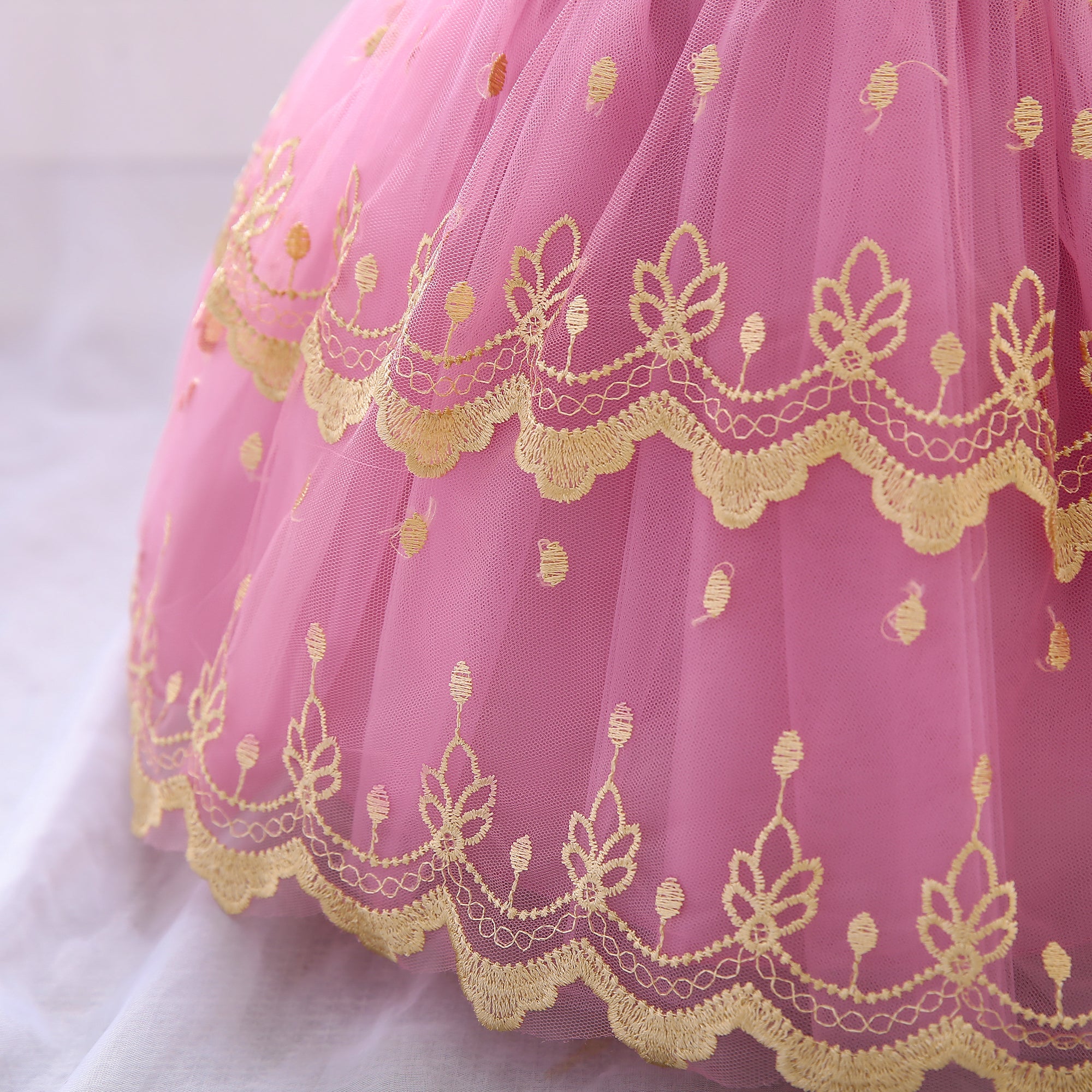 Girls Pink Embroidered Net Fit & Flare Mini Dress