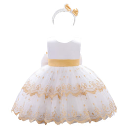 Girls White & Brown Floral Embroidered Balloon Mini Dress With Hairband