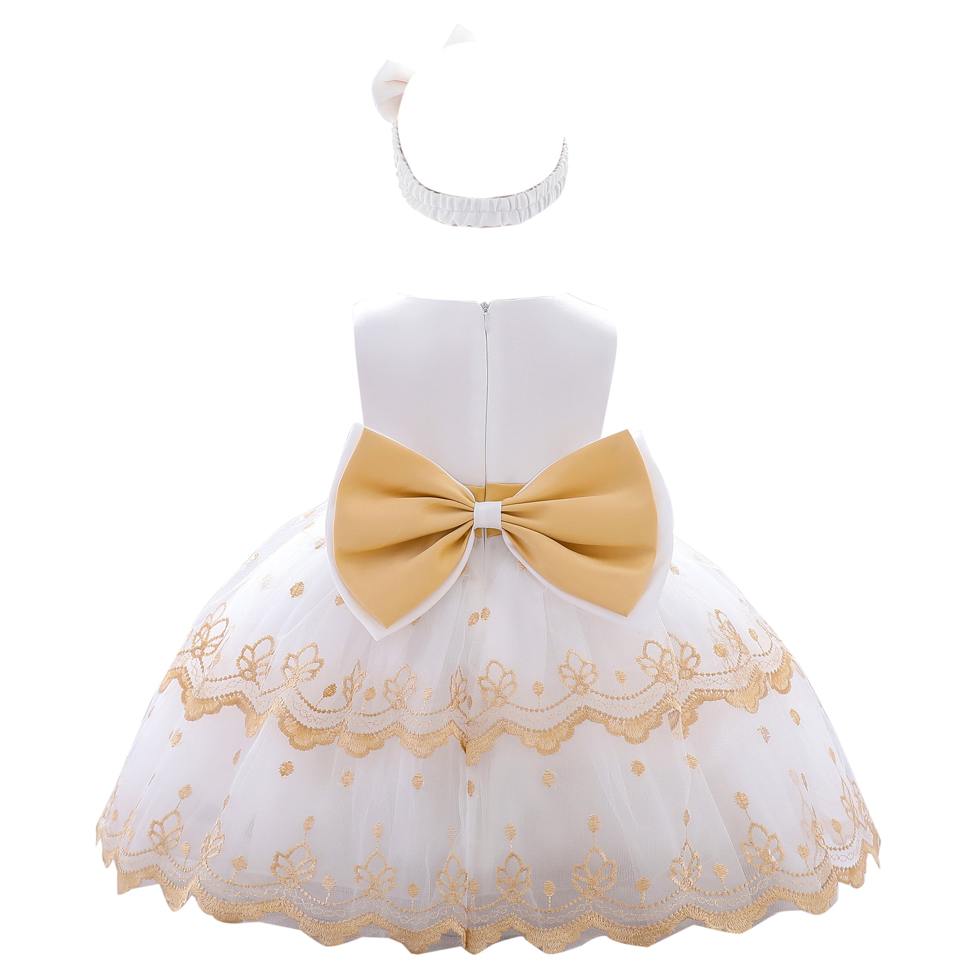 Girls White & Brown Floral Embroidered Balloon Mini Dress With Hairband
