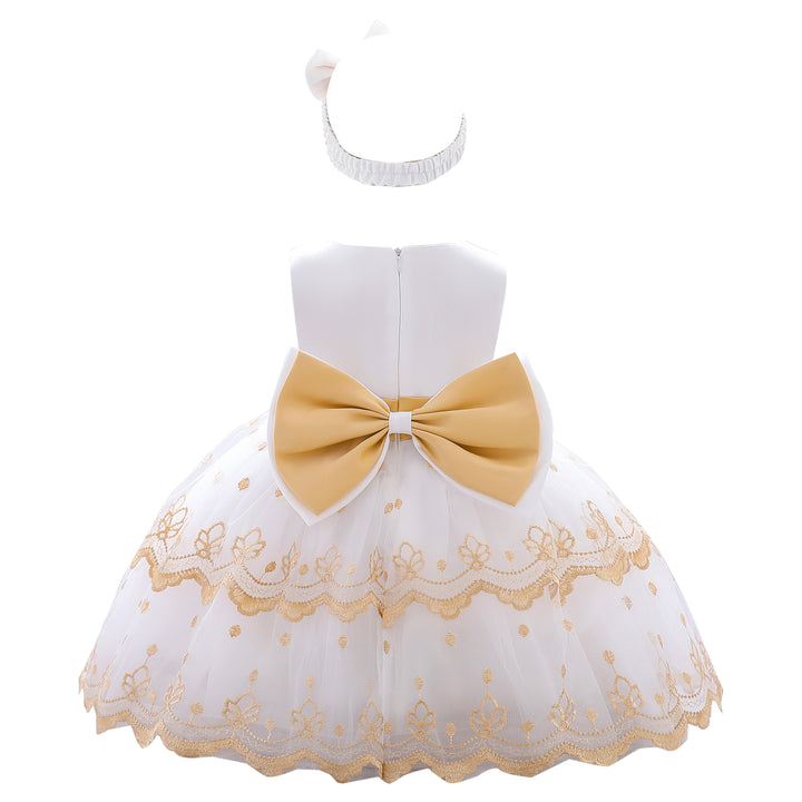 Girls White & Brown Floral Embroidered Balloon Mini Dress With Hairband