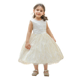 Girls Champagne Self Designed Round Neck Embellished Balloon Midi Dress