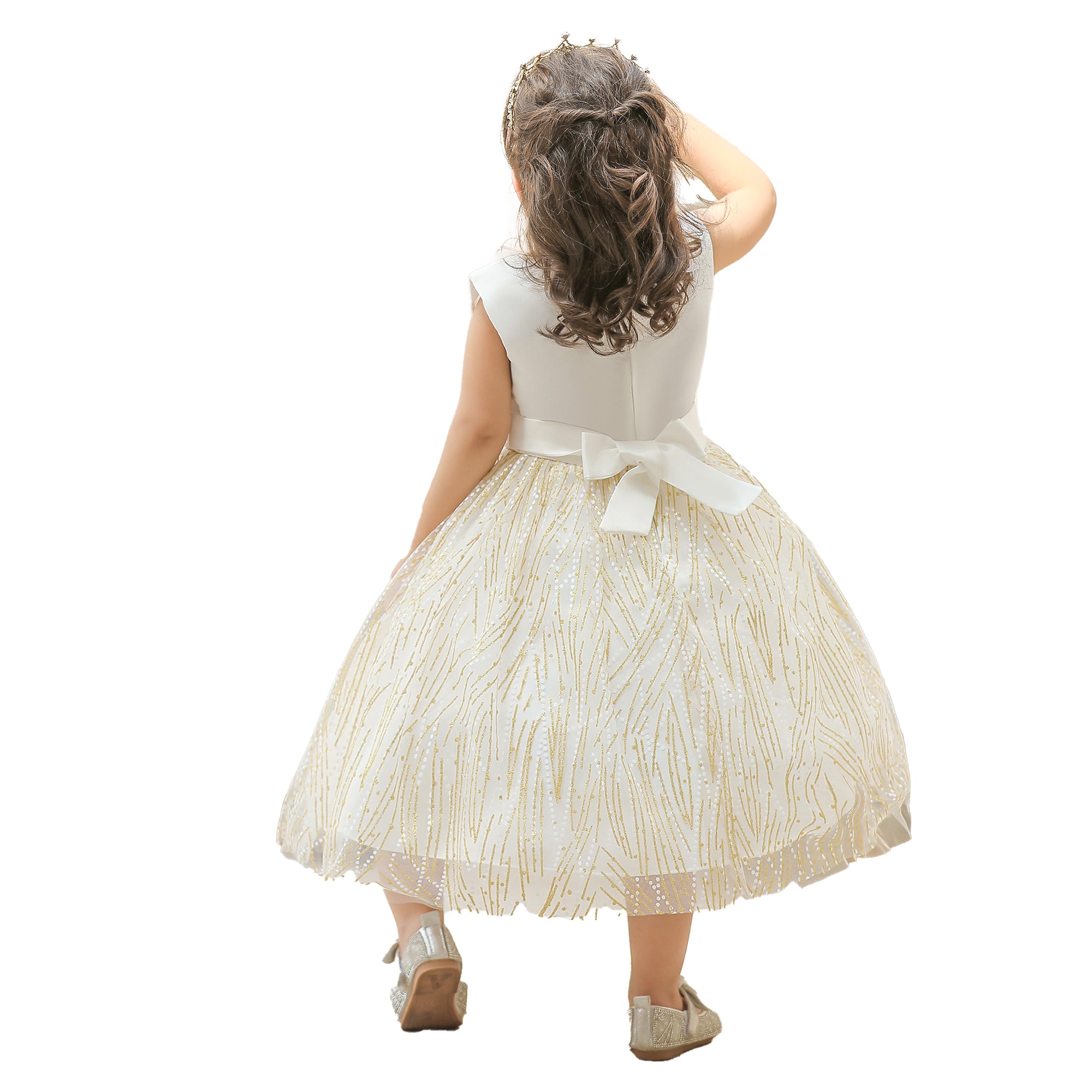 Girls Champagne Self Designed Round Neck Embellished Balloon Midi Dress