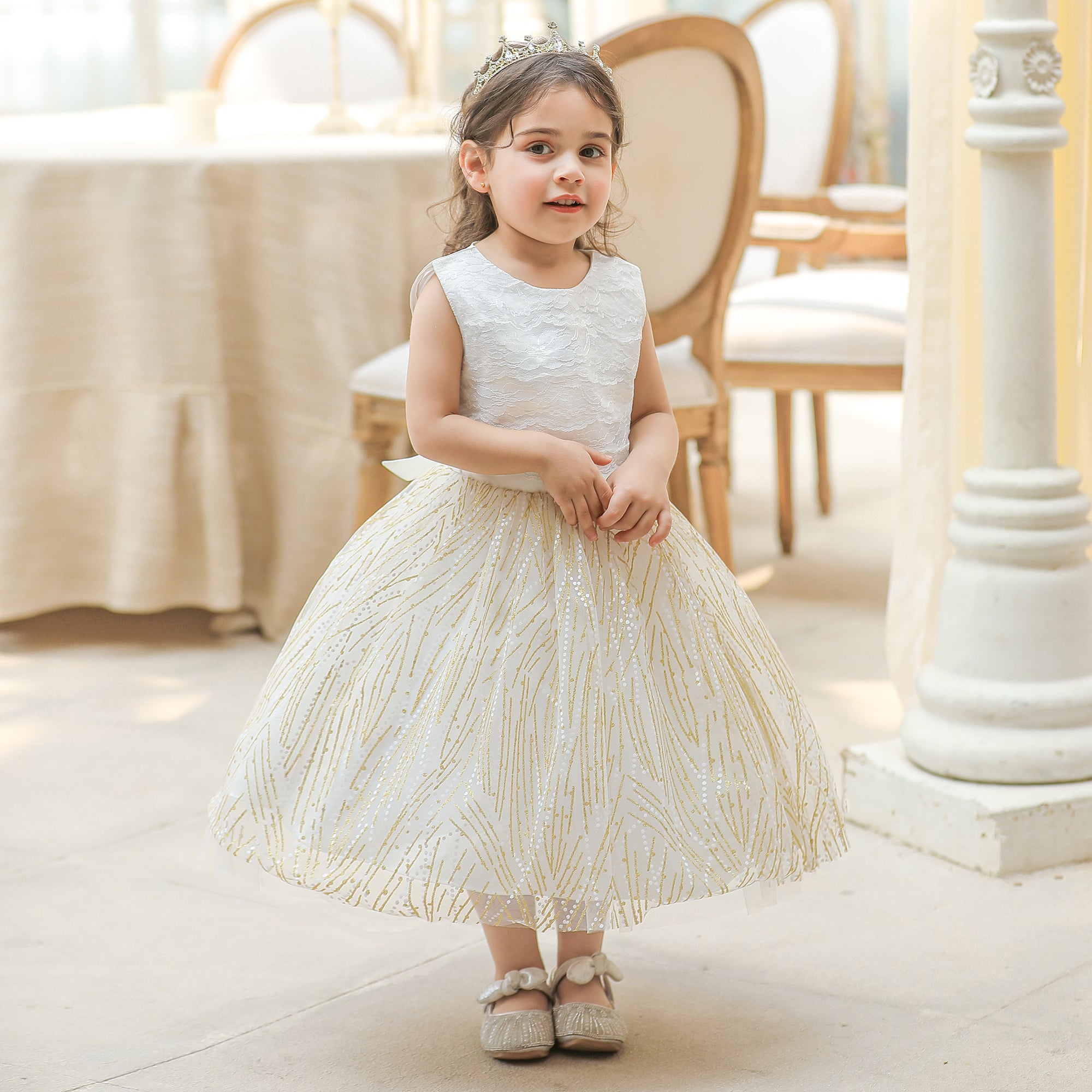 Girls Champagne Self Designed Round Neck Embellished Balloon Midi Dress