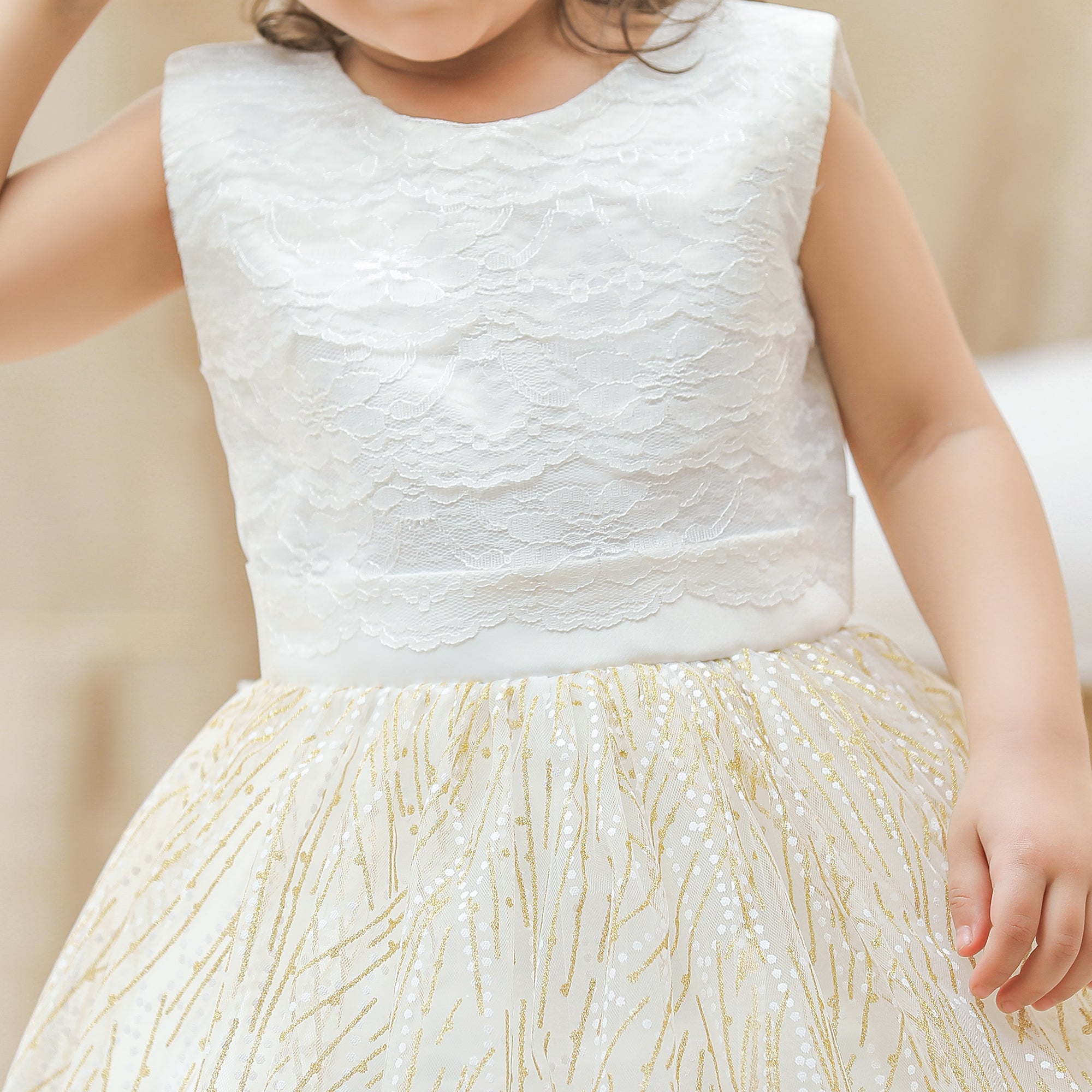Girls Champagne Self Designed Round Neck Embellished Balloon Midi Dress
