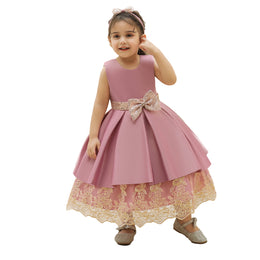 Pink Girls Round Neck Bow Fit & Flare Maxi Dress