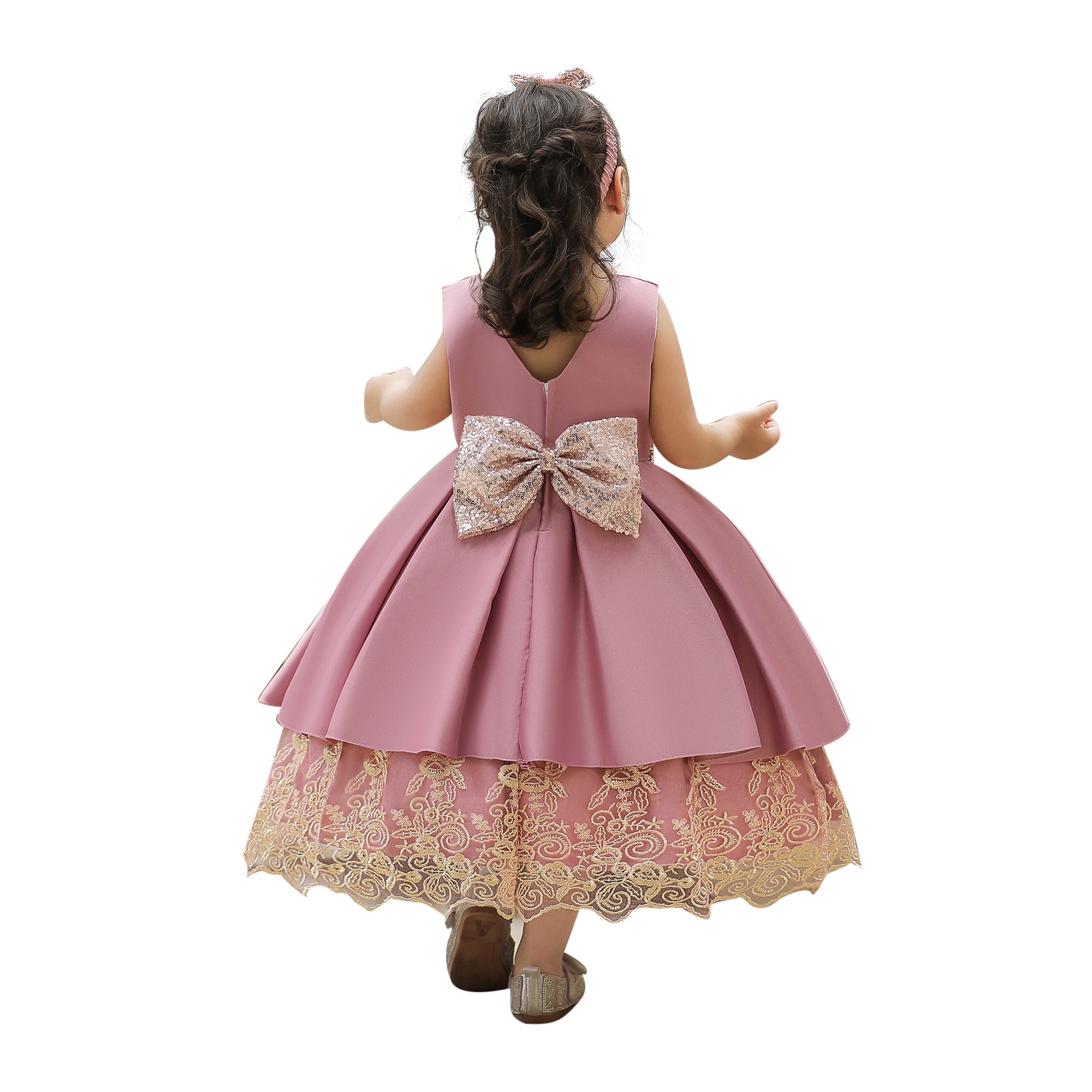 Pink Girls Round Neck Bow Fit & Flare Maxi Dress