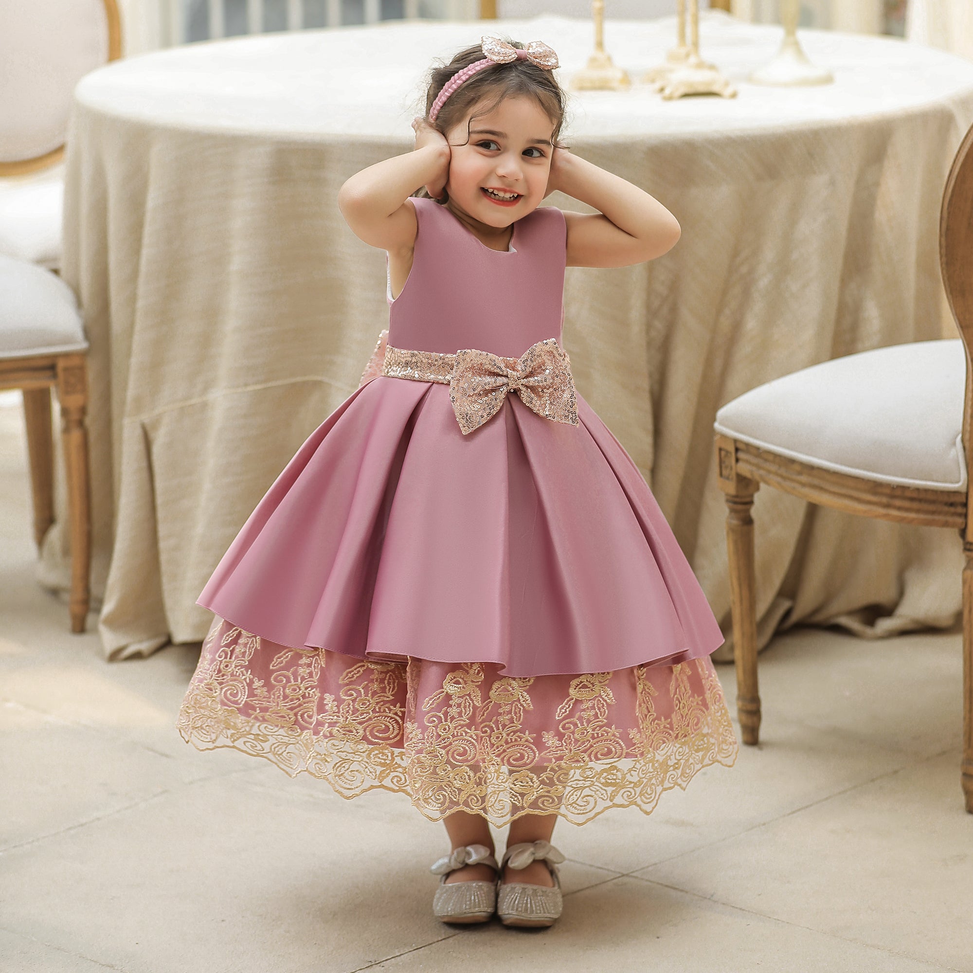 Pink Girls Round Neck Bow Fit & Flare Maxi Dress