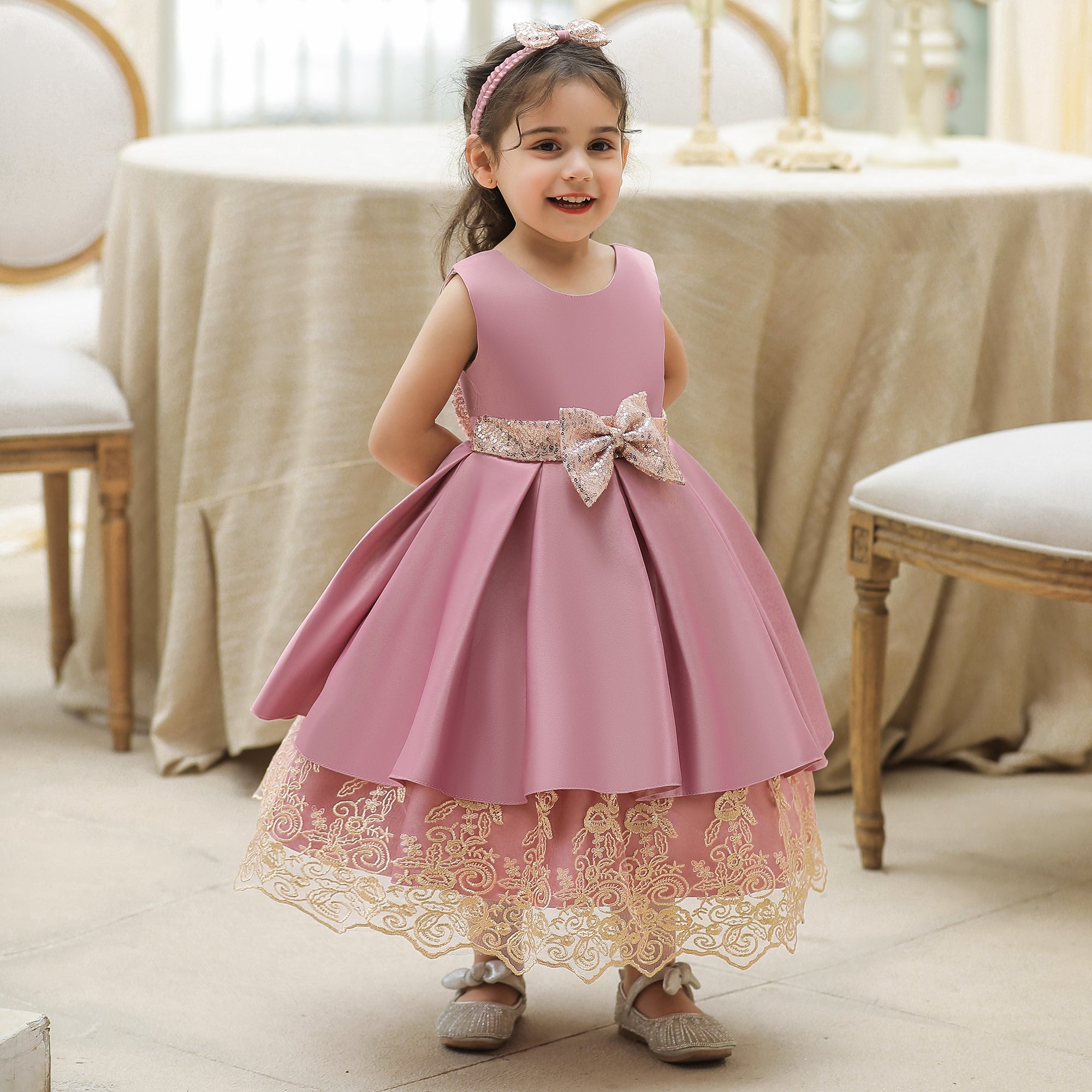 Pink Girls Round Neck Bow Fit & Flare Maxi Dress