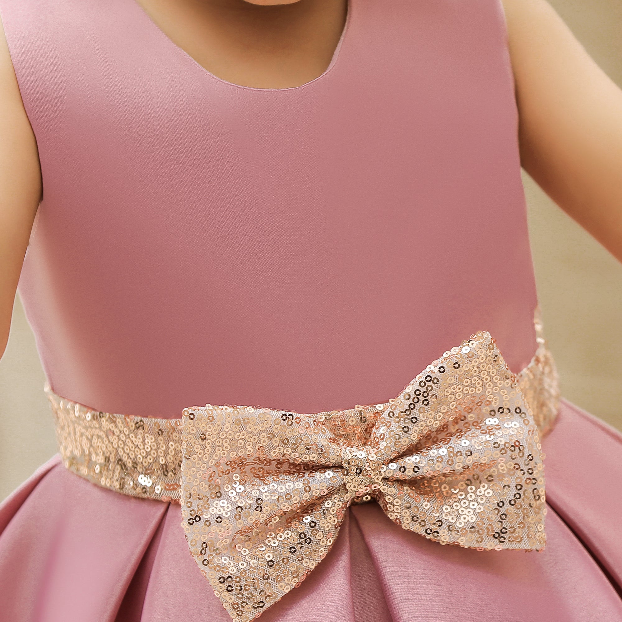 Pink Girls Round Neck Bow Fit & Flare Maxi Dress