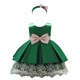 Green Girls Round Neck Bow Detail Satin Fit & Flare Dress