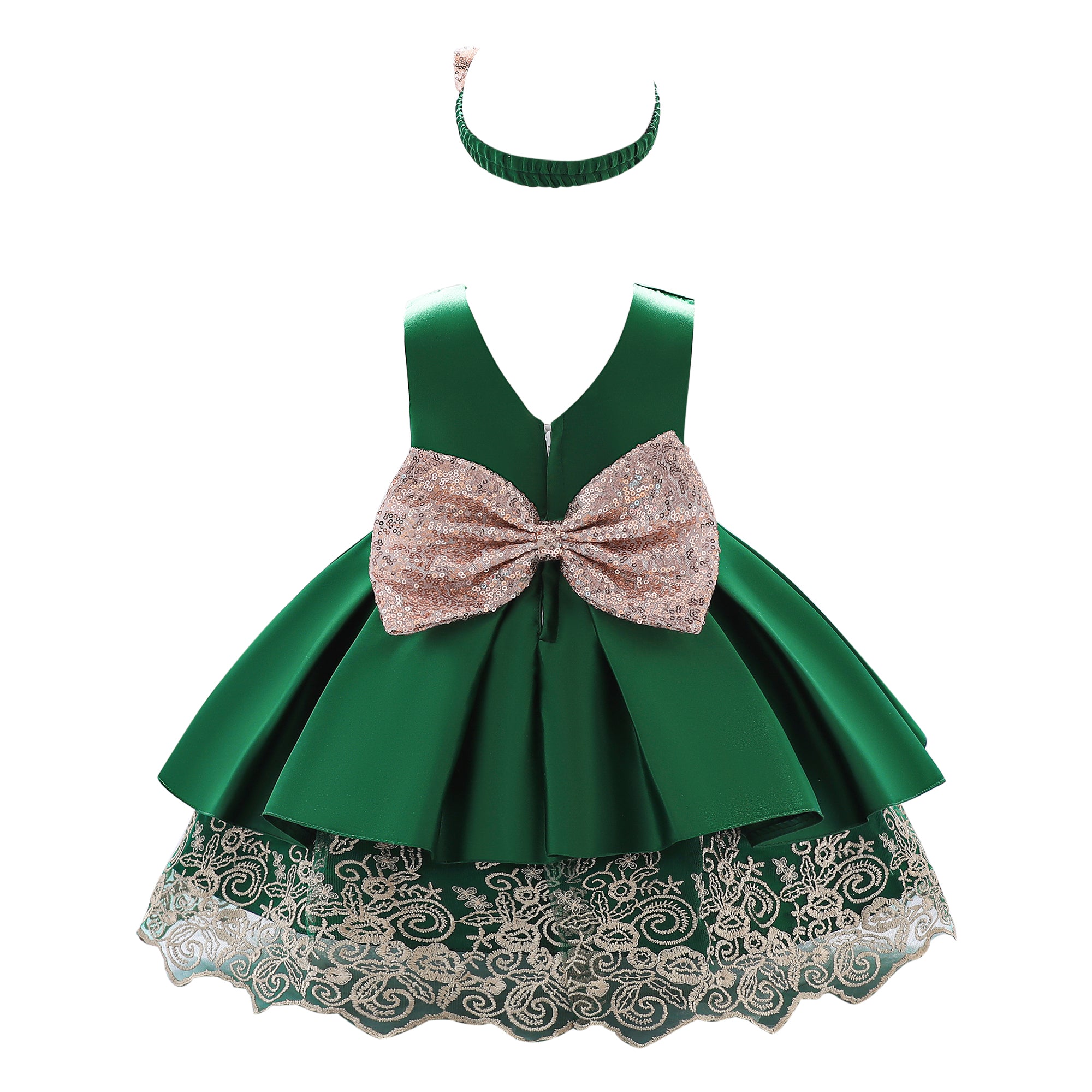 Green Girls Round Neck Bow Detail Satin Fit & Flare Dress