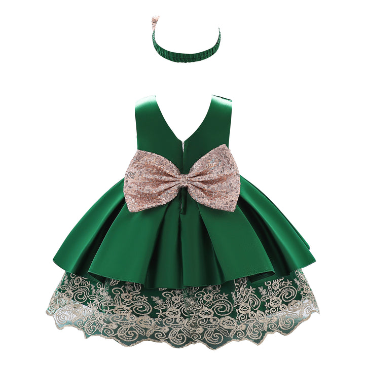 Green Girls Round Neck Bow Detail Satin Fit & Flare Dress