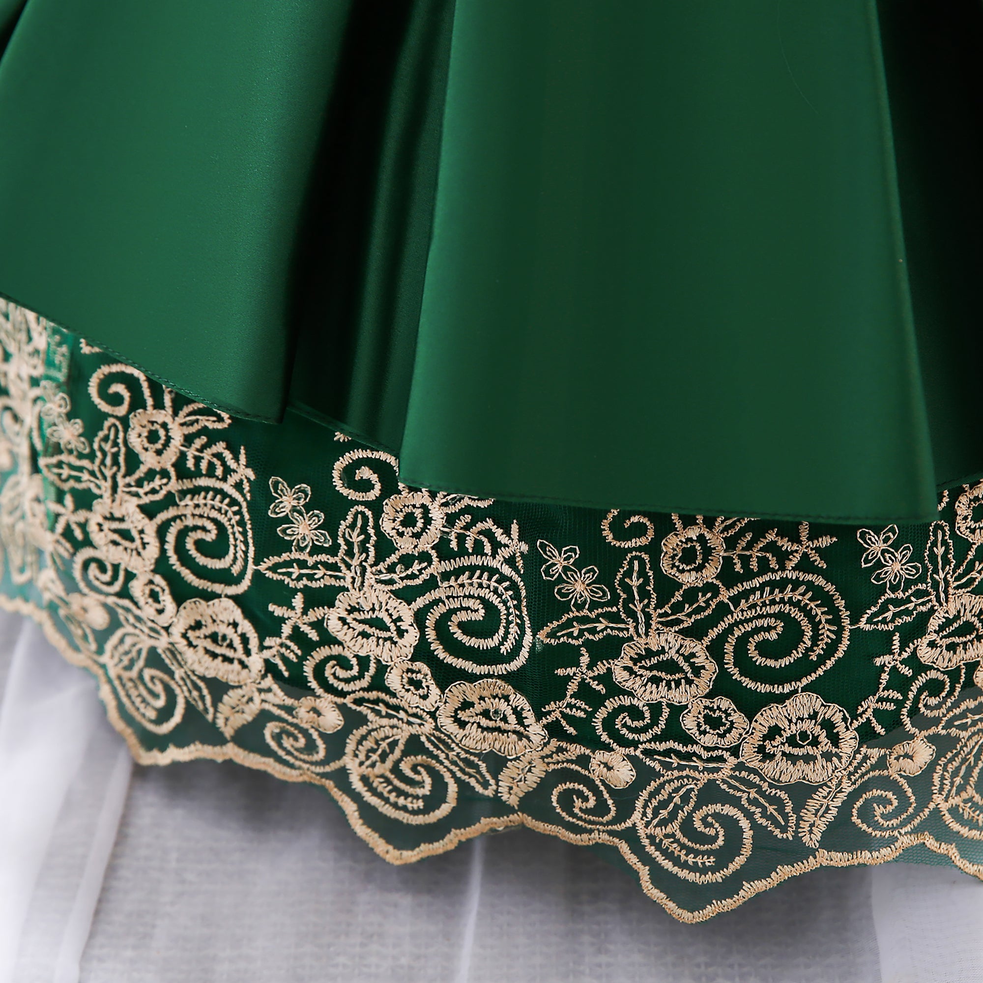 Green Girls Round Neck Bow Detail Satin Fit & Flare Dress