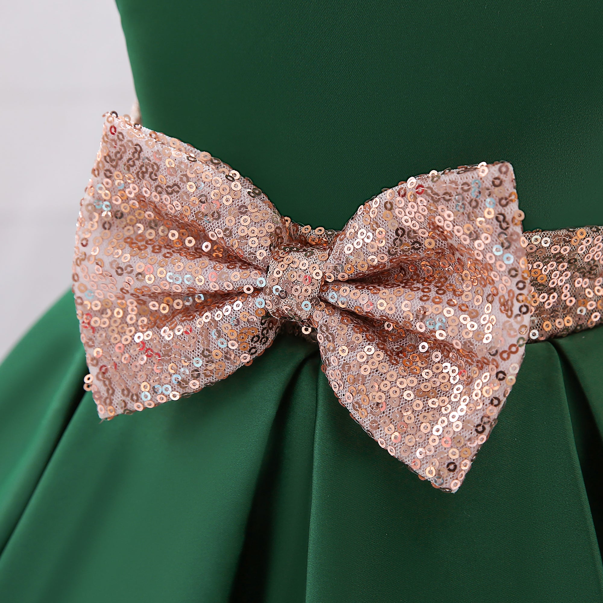 Green Girls Round Neck Bow Detail Satin Fit & Flare Dress