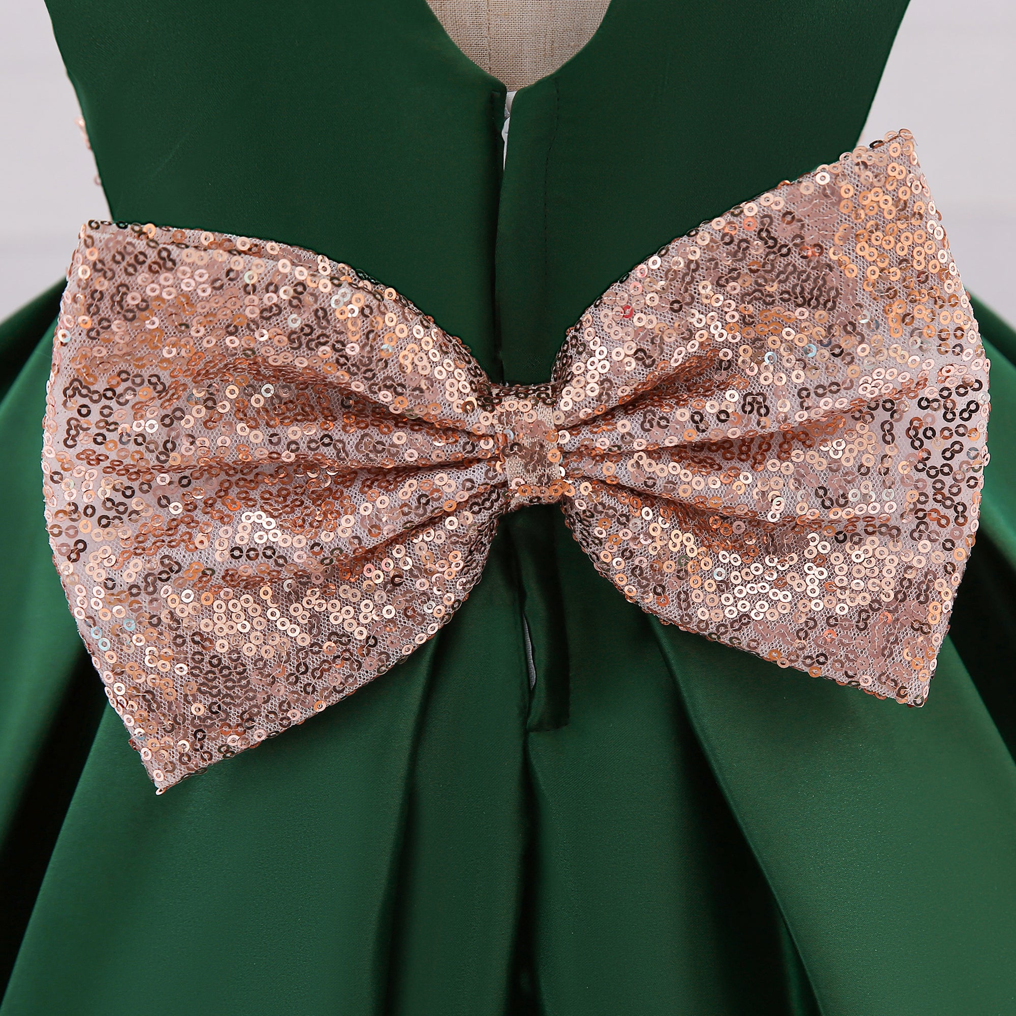 Green Girls Round Neck Bow Detail Satin Fit & Flare Dress
