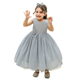 Girls Grey Round Neck Maxi Balloon Dress