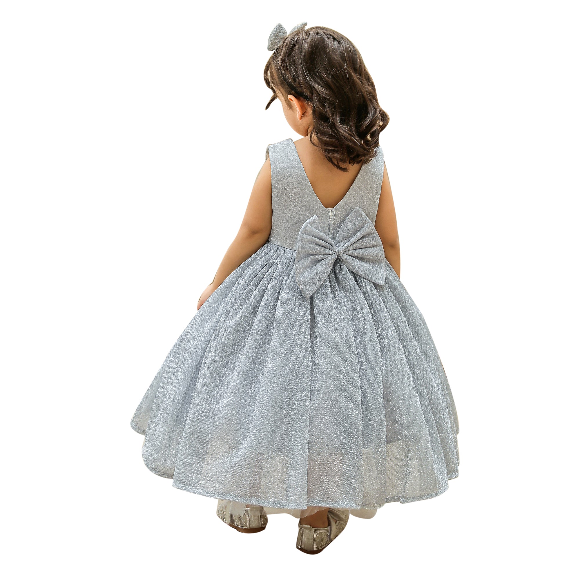 Girls Grey Round Neck Maxi Balloon Dress