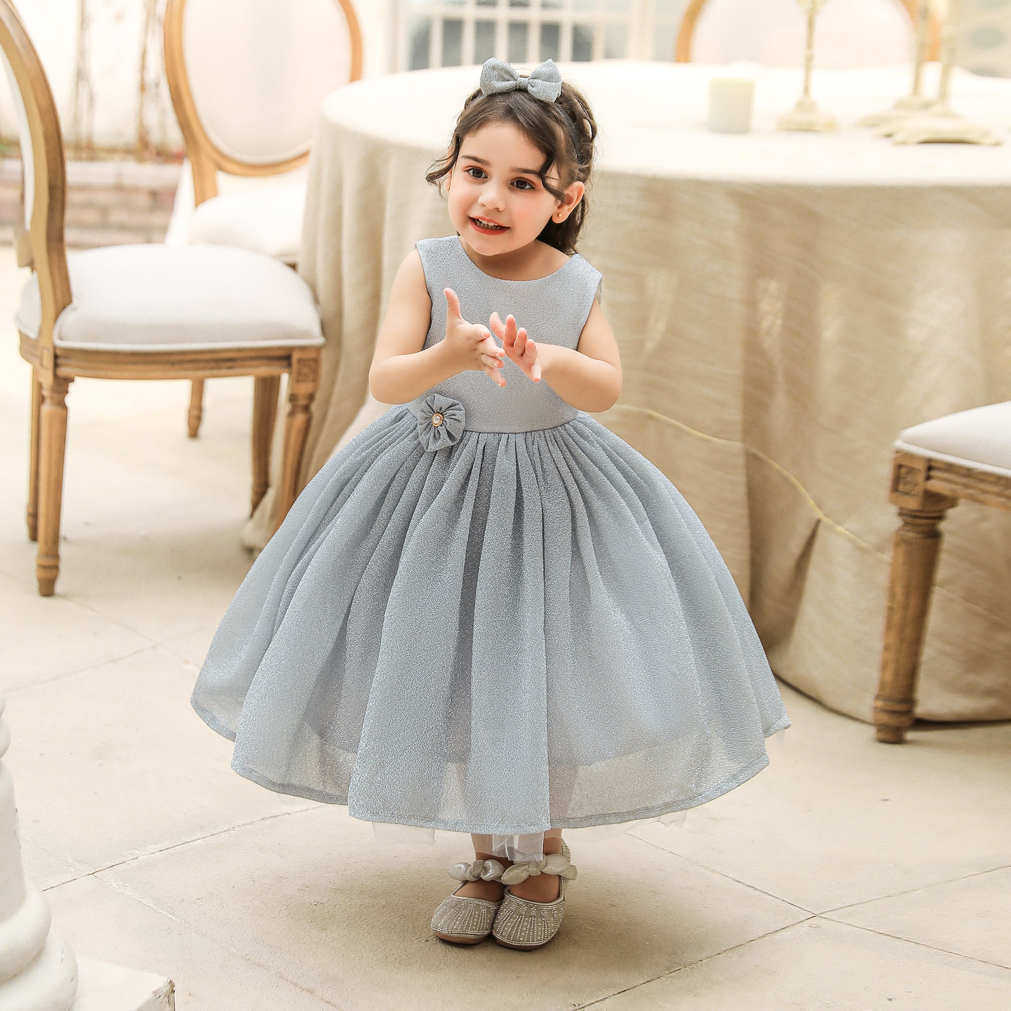 Girls Grey Round Neck Maxi Balloon Dress