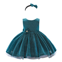 Girls Green Self Design Round Neck Bow Fit & Flare Dress