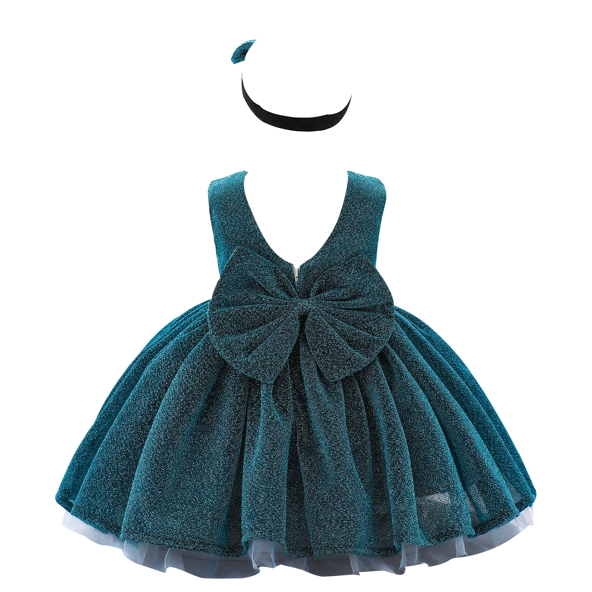 Girls Green Self Design Round Neck Bow Fit & Flare Dress