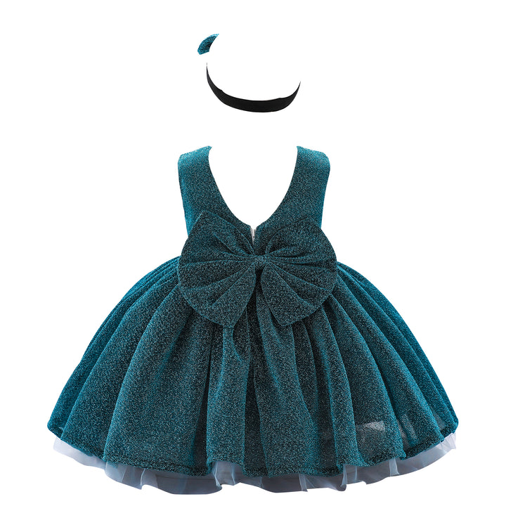 Girls Green Self Design Round Neck Bow Fit & Flare Dress