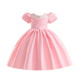 Girls Pink Puff Sleeves Gathered or Pleated Fit & Flare Midi Dress