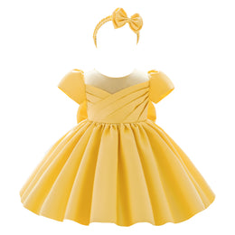 Girls Yellow Puff Sleeves Pleated Balloon Dress with Hairband