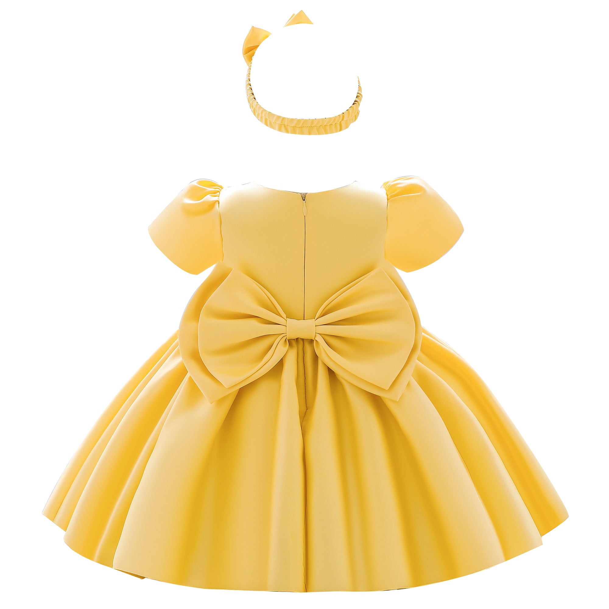 Girls Yellow Puff Sleeves Pleated Balloon Dress with Hairband