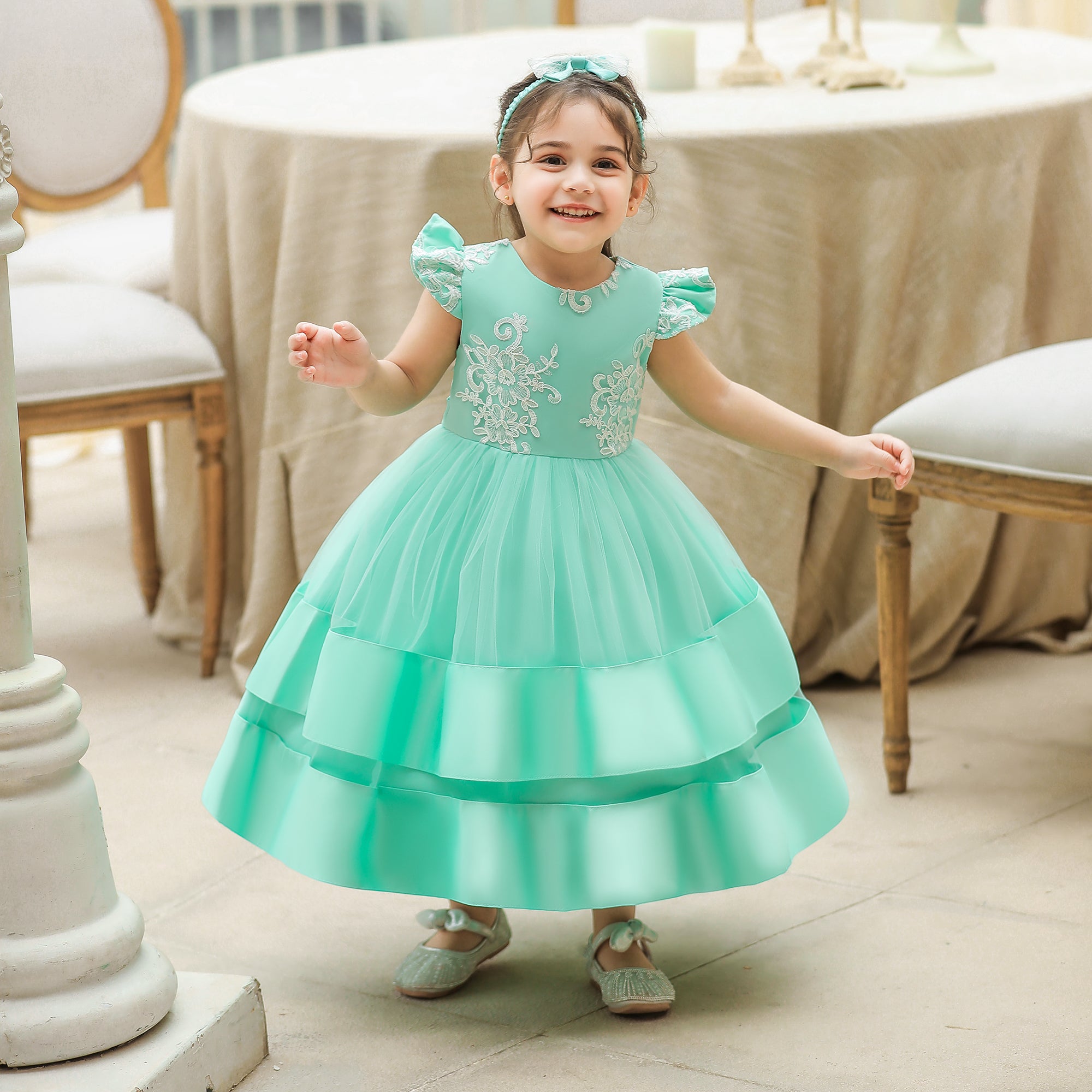 Sea Green Floral Embroidered Fit & Flare Midi Dress