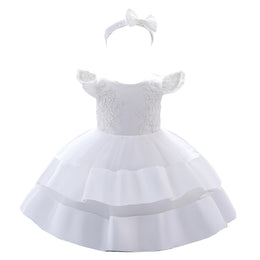 White Infant Girls Self Design Layered Balloon Dress With Hairband