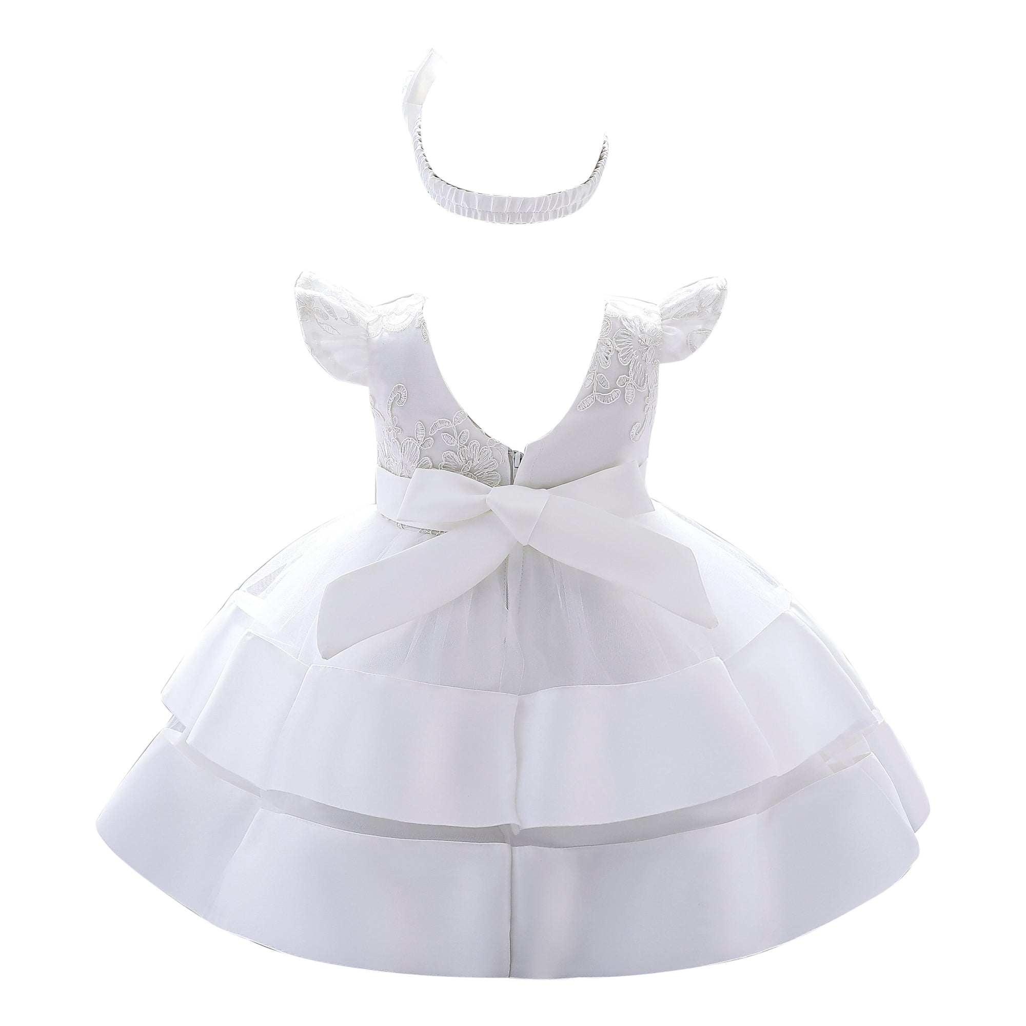 White Infant Girls Self Design Layered Balloon Dress With Hairband