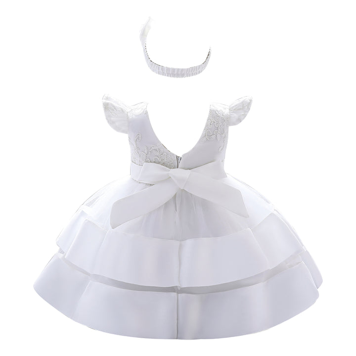 White Infant Girls Self Design Layered Balloon Dress With Hairband